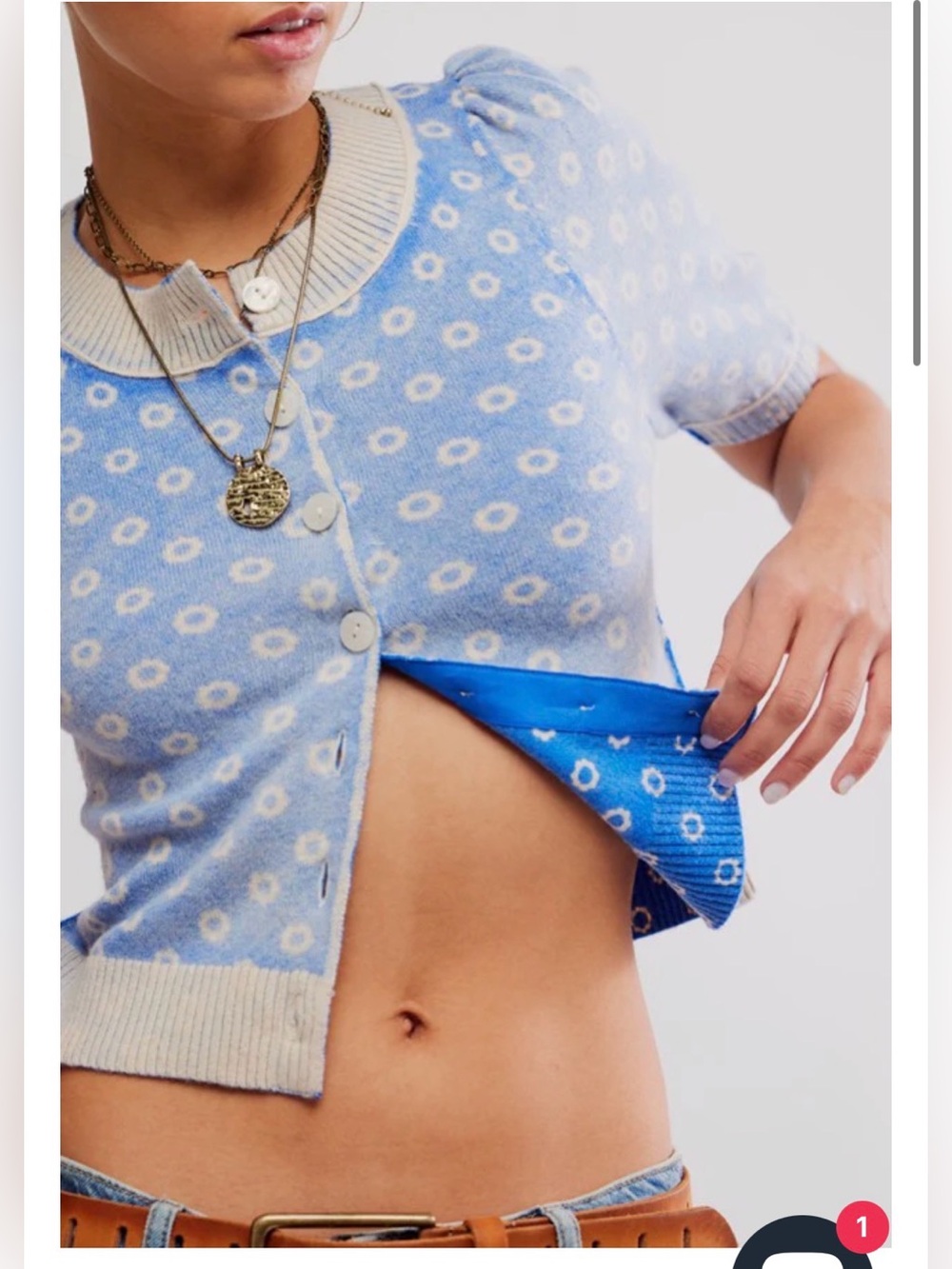 Free People NEW Light Blue Daisy Patterned Cropped Cardigan